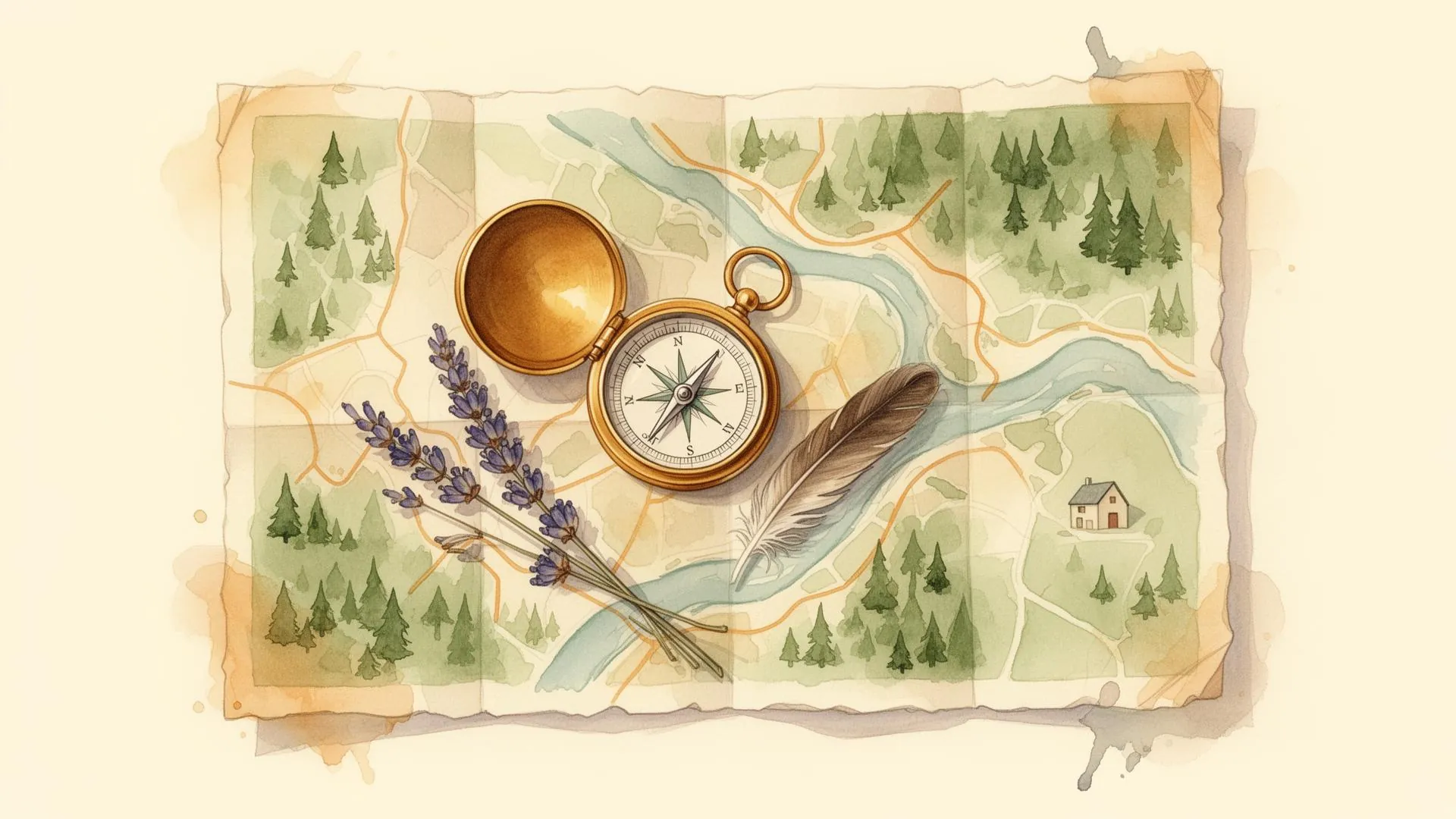 Aquarel illustratie van een vintage reisartefact: een platliggende geschilderde boskaart met een gouden zakkompaas, gedroogde lavendel en een veer, als beeld voor het vinden van je weg naar zichtbaarheid