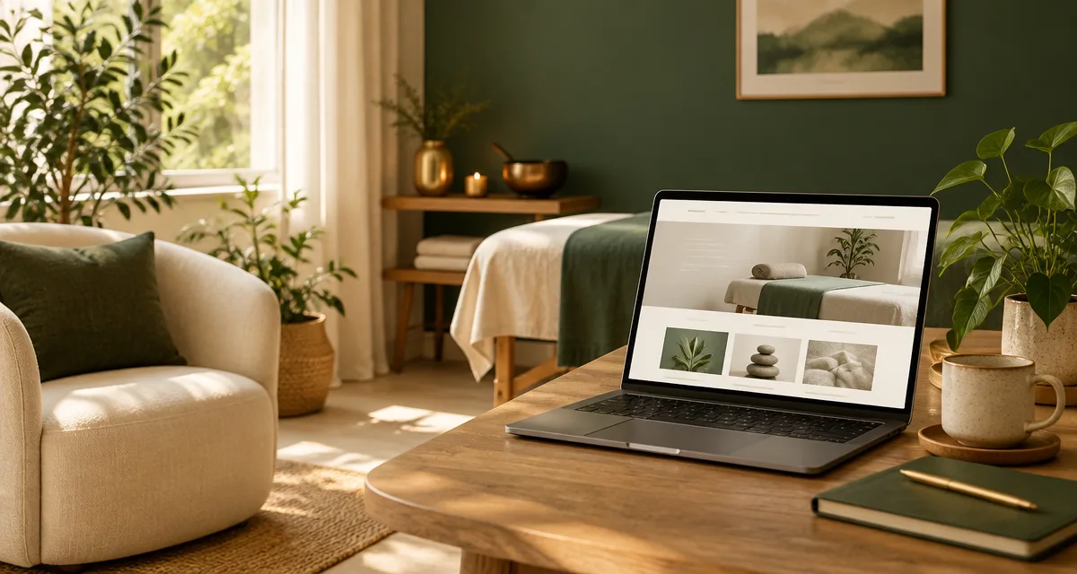 Aquarel illustratie van een open houten huisdeur met een zachte gouden lichtbundel die naar binnen valt, omringd door planten en een uitnodigende drempel, als beeld voor een website die ontvangt in plaats van verkoopt